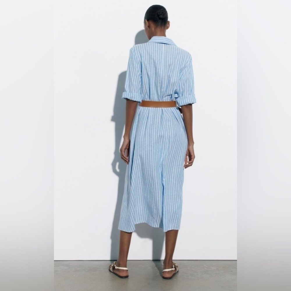 Zara Blue Stripe Linen Blend  Button Up Shirt Dress | size XS - Picture 4 of 13